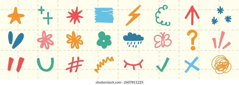 Colorful doodles featuring stars, flowers, arrows, and symbols. Bright, playful icons like clouds, butterflies, and squiggles on a grid background. Colorful doodle elements, vector set.