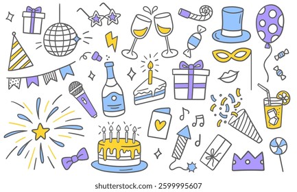 Colorful doodles of festive elements: cake, gifts, glasses, champagne, balloons, fireworks, masks, music, and decorations. Vector illustrations on a white background. 