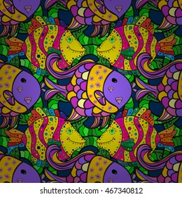 Colorful doodles fishes with shadows. Vector illustration.