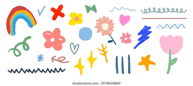 Colorful doodles with flowers, hearts, and rainbows. Includes stars, zigzags, and arrows. Playful flowers and vibrant rainbows create a cheerful vibe. Hand drawn vector set.