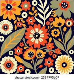 Colorful doodles flowers pattern, Vintage botanical floral and branch pattern on black background.