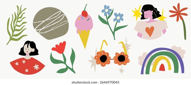 Colorful doodles of flowers, a rainbow, and ice cream. Includes a female figure with dark hair. Whimsical and playful illustrations throughout. Cute illustrations, isolated vector set.