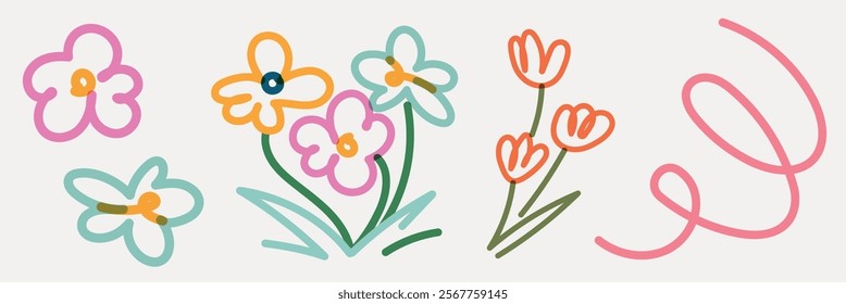 Colorful doodles of flowers and swirls. Bright flowers in pink, orange, and green. Playful floral doodles with vibrant swirls and simple lines. Hand drawn vector set.