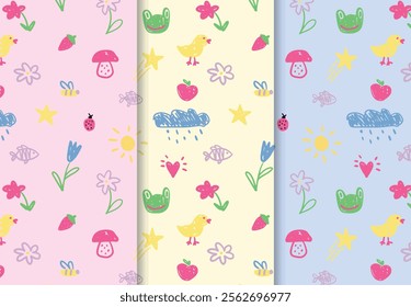 Colorful doodles of frogs, chicks, mushrooms, strawberries, flowers, stars, clouds, bees in pattern. Hand-drawn playful, kids textiles, wallpapers, wrapping paper. Vector flat seamless illustration.