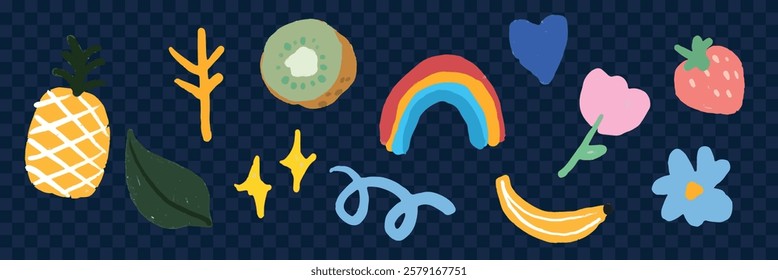 Colorful doodles of fruits, flowers, and shapes. Includes pineapple, kiwi, strawberry, rainbow, and glasses. Vibrant and playful design elements. Food illustrations, isolated element vector set.