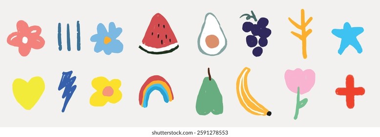 Colorful doodles of fruits and shapes, including watermelon, avocado, grapes, and banana. Playful and vibrant fruit and shape illustrations. Food illustrations, isolated element vector set.