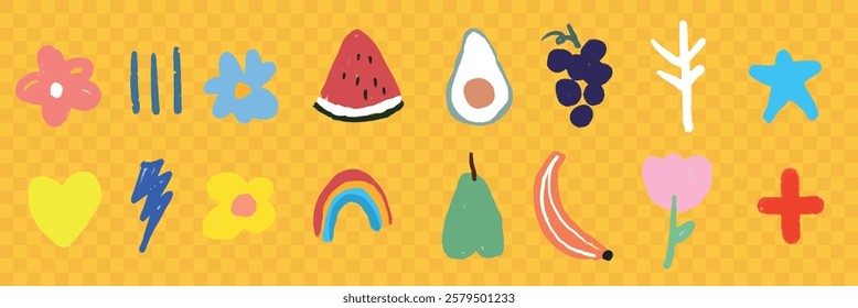 Colorful doodles of fruits and shapes on a yellow background. Includes watermelon, avocado, grapes, and abstract shapes. Bright and playful design. Food illustrations, isolated element vector set.