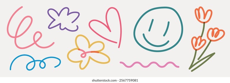 Colorful doodles with hearts, flowers, and a smiley face. Playful doodles with hearts and flowers. Bright doodles featuring hearts and a smiley face. Hand drawn vector set.