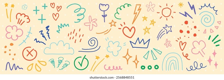 Colorful doodles with hearts, stars, and clouds. Whimsical doodles, vibrant and playful. Includes hearts, stars, clouds, and more in a lively design. Colorful doodle elements, vector set.