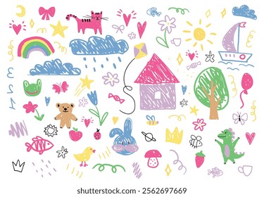 Colorful doodles of houses, trees, animals, rainbows, stars, hearts, and clouds in playful style. Designed for kids' projects, wallpapers, and textiles. Vector flat seamless illustration.