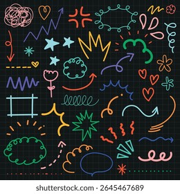 Colorful doodles on black background. Arrows, stars, hearts, and squiggles. Playful doodles, vibrant colors. Creative doodles, fun and lively design. Colorful doodle elements, vector set.