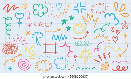 Colorful doodles on grid paper. Arrows, stars, clouds, and squiggles. Vibrant doodles, playful shapes, creative doodles, lively colors, dynamic lines. Colorful doodle elements, vector set.