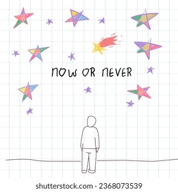 Colorful doodles on a paper background. Children's pencil drawing in a notebook. Inspirational phrase in pencil. Children's stars. Shooting star in pencil 