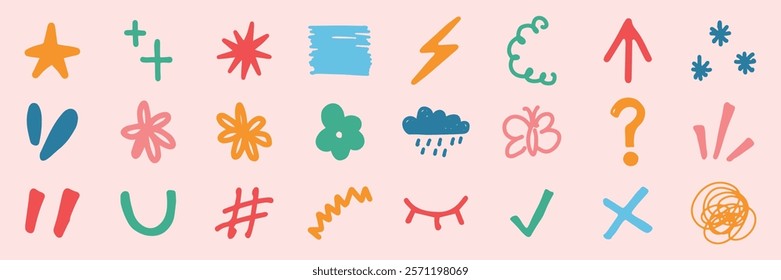 Colorful doodles on a pink background, featuring stars, arrows, flowers, and symbols. Doodles include stars, arrows, and flowers in vibrant colors. Colorful doodle elements, vector set.