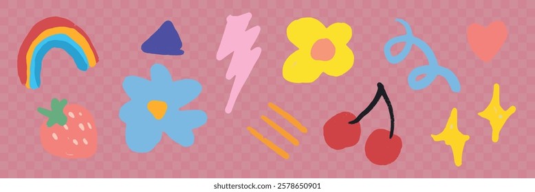 Colorful doodles on a pink background, featuring a rainbow, flowers, cherries, and stars. Bright and playful design with various whimsical shapes and colors. Doodle element isolated vector set.