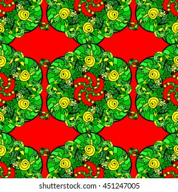 Colorful doodles on red background. Mandala doodle style. Vector illustration. Seamless pattern.