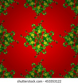 Colorful doodles on red gradient background. Mandala doodle style. Vector illustration. Seamless pattern.