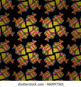 Colorful doodles on red gradient background. Mandala doodle style. Vector illustration. Seamless pattern.