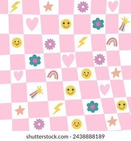 Colorful doodles pattern. Fun icons.Vector for decoration. Chess table.