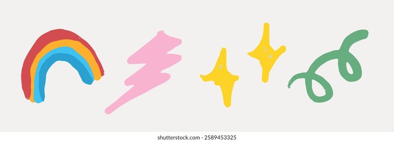 Colorful doodles of a rainbow, pink lightning, yellow stars, and a green swirl. Bright rainbow, pink lightning, and yellow stars add a playful touch. Doodle element isolated vector set.