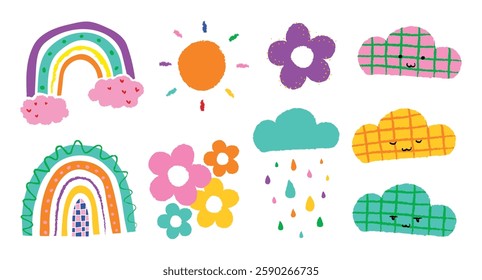 Colorful doodles of rainbows, clouds, and flowers. Bright rainbows, fluffy clouds, and cheerful flowers create a playful, vibrant scene. Cute clouds and vivid rainbows. Cute illustrations, vector set.