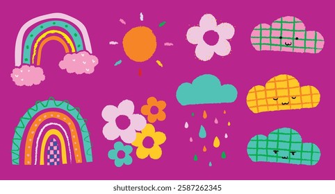 Colorful doodles of rainbows, clouds, sun, and flowers on a purple background. Playful rainbows and cheerful clouds with smiling faces add charm. Cute illustrations, isolated element vector set.