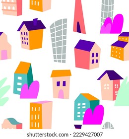 Colorful doodles a seamless pattern with buildings, bushes, and trees on white background. Modern cute wall art design