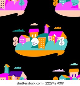 Colorful doodles a seamless pattern with buildings, bushes, and trees on black background. Modern cute wall art design