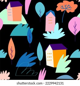 Colorful doodles a seamless pattern with buildings, bushes, and trees on black background. Modern cute wall art design