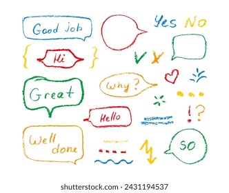 Colorful doodles set hand drawn with charcoal Pencil. Handwritten text is good job, yes no and others for notes and business grade. Straight and wavy lines, underlines speech bubbles like children art