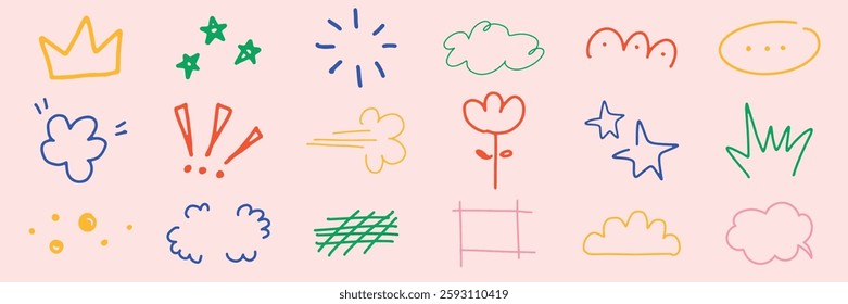 Colorful doodles of stars, clouds, and crowns. Playful stars, vibrant clouds, and creative crowns. Whimsical stars, fluffy clouds, and artistic crowns. Colorful doodle elements, vector set.