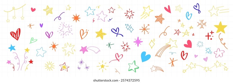 Colorful doodles of stars, hearts, and swirls. Stars and hearts in vibrant colors. Whimsical stars and hearts create a playful, colorful pattern. Hand drawn vector set.