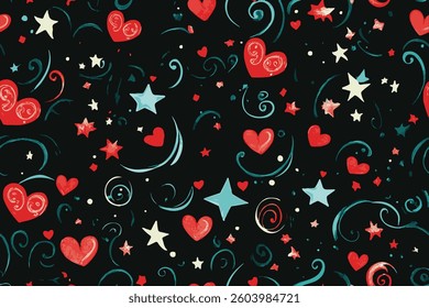 Colorful doodles of stars, hearts, and swirls. Stars and hearts in vibrant colors. Whimsical stars and hearts create a playful, colorful pattern.
