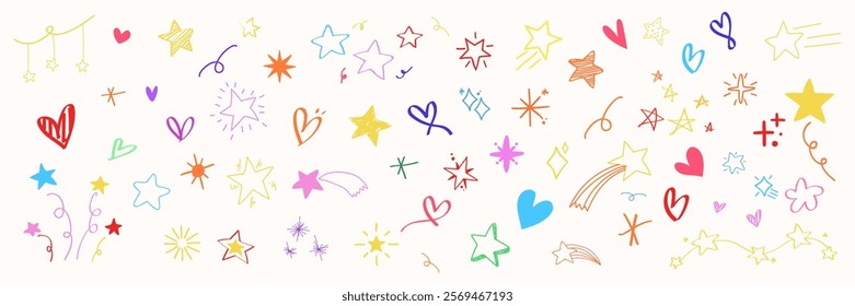 Colorful doodles of stars and hearts. Stars in various colors, hearts in bright hues.