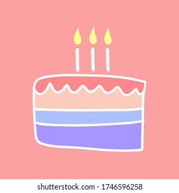 Colorful Doodle-style birthday cake with three burning candles. Vector illustration.