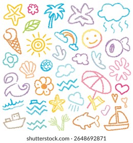 A colorful doodle-style collection of beach and summer-themed icons. These include items like a sun, clouds, seashells, fish, starfish, ice cream, waves, a smiling face, and a beach umbrella etc.