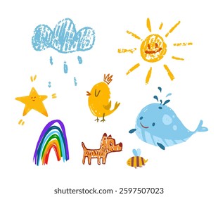 Colorful doodle-style illustration featuring a smiling sun, rain cloud, rainbow, whale, chick, dog, bee, and star. Hand-drawn in a playful and childlike manner. Vector illustration