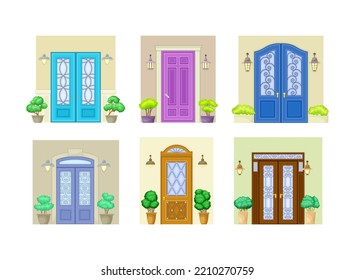 Colorful Door Facade on Wall with Green Bushes in Cachepot and Light Vector Set