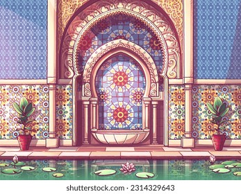 The colorful door to a Moroccan-style building in a patio with a pond. Traditional ornament