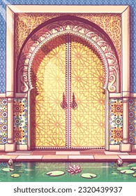 Colorful door to a Moroccan-style building in a patio with a pond. Traditional ornament vertical style