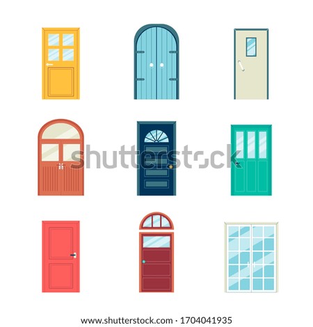 Colorful door set - different styles and shapes of doors isolated on white background. Arched, rectangle, double and other front doorways - flat vector illustration.