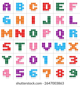 Colorful dot alphabet and numbers in fun bubble style. Vector letters A to Z and digits 0 to 9 made of bright round circles. Cute modern typeface for kids, posters, games, or education.