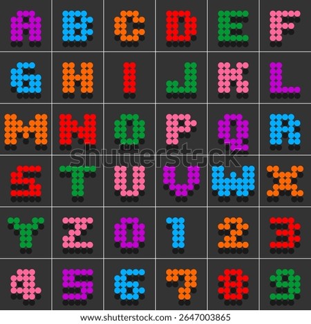 Colorful dot alphabet and numbers in fun bubble style. Vector letters A to Z and digits 0 to 9 made of bright round circles. Cute modern typeface for kids, posters, games, or education.