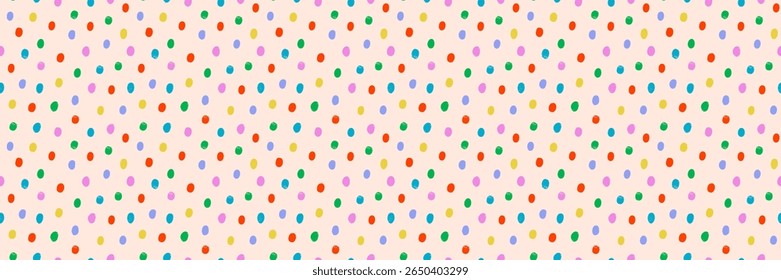 Patrón de confeti de punto colorido sobre fondo crema. Textura de Vector sin costuras para envolver papel, tela, embalaje, impresiones, decoración para niños. Juguetón y brillante. Arrastre hasta el panel Muestras para utilizarlas