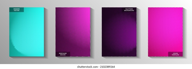 Colorful dot faded screen tone cover page templates vector batch. Digital notebook perforated screen tone patterns. Retro manga comics style title page leaflets. Matrix elements.