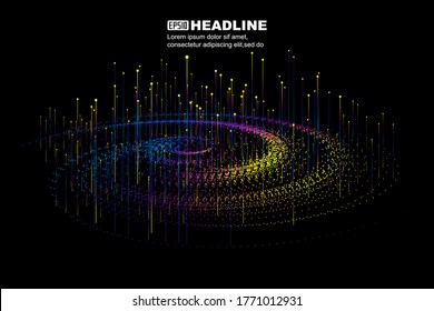 Colorful dot line particle swirl, internet technology big data background.