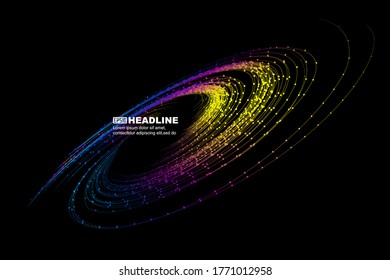 Colorful dot line particle swirl, internet technology big data background.