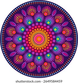 Colorful dot mandala on purple template. Tribal boho pattern for print,wall art decor,digital design 

