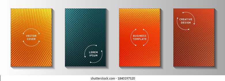 Colorful dot perforated halftone front page templates vector batch. Geometric catalog faded halftone backdrops. Retro comics style title page layouts. Gradient design.
