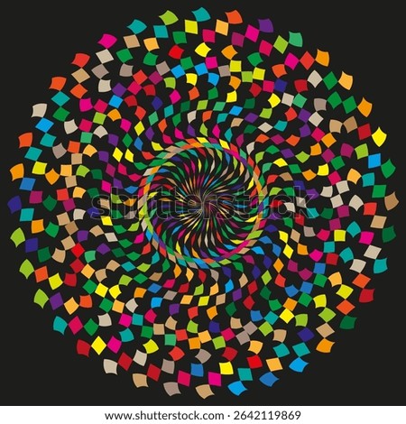 Colorful dot spiral. Vibrant round pattern. Optical movement shape. Vector abstract element.